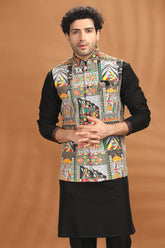 Black Silk Kurta Pajama with Printed Jacket